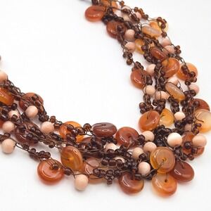 Multi Strand Beaded Necklace Earth Tones Agate Glass Orange Brown Statement